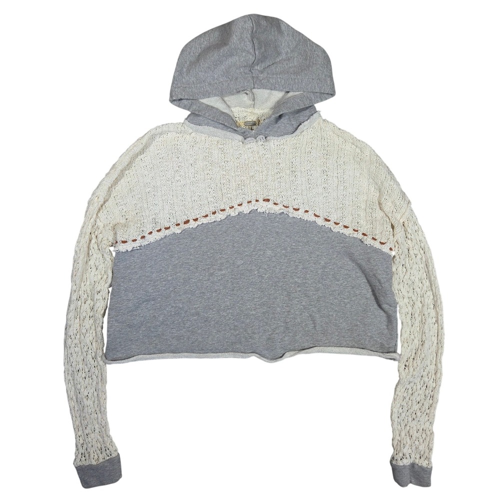 Gimmicks by BKE Women Large Grey Cream Mixed Media Crochet Cropped Hoodie Boho